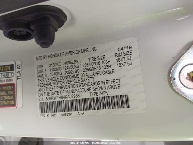 5J6RW1H84KA029580 Honda Cr-v Ex-l