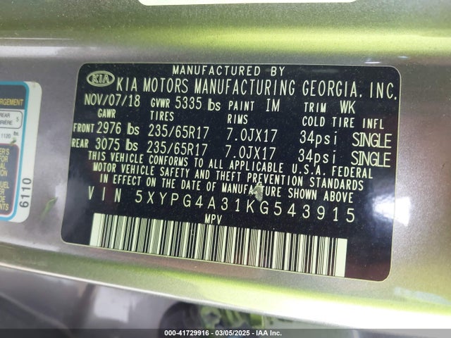 5XYPG4A31KG543915 KIA Sorento 2.4l Lx