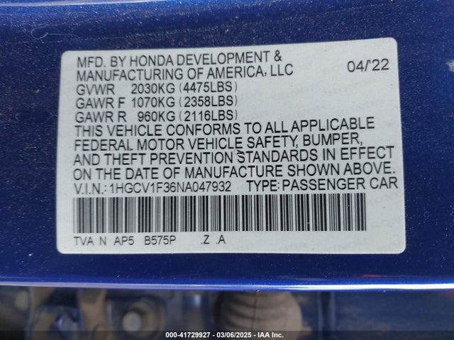 1HGCV1F36NA047932 Honda Accord Sport