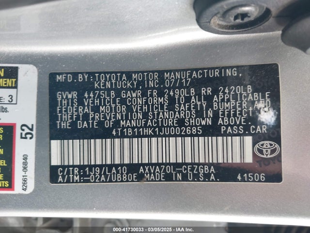 4T1B11HK1JU002685 Toyota CAMRY XLE