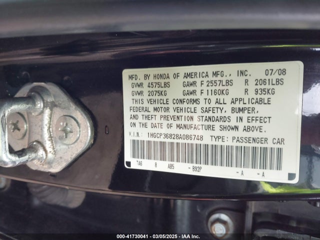 Aukcja sprzedaży 2008 Honda Accord 3.5 Ex-l, vin: 1HGCP36828A086748, numer aukcji: 41730041