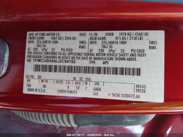 1FMCU0H64LUC54152 Ford ESCAPE SEL