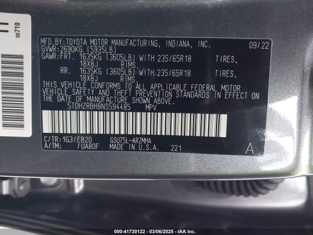 5TDHZRBH8NS594485 Toyota Highlander Xle