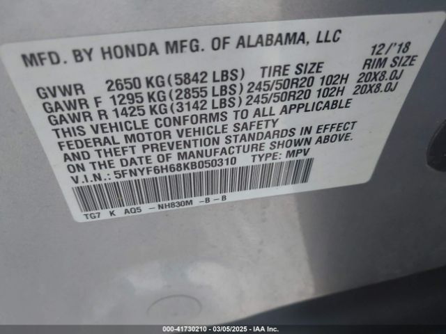 5FNYF6H68KB050310 Honda Pilot Touring