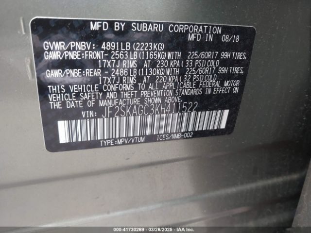 JF2SKAGC3KH411522 Subaru Forester Premium