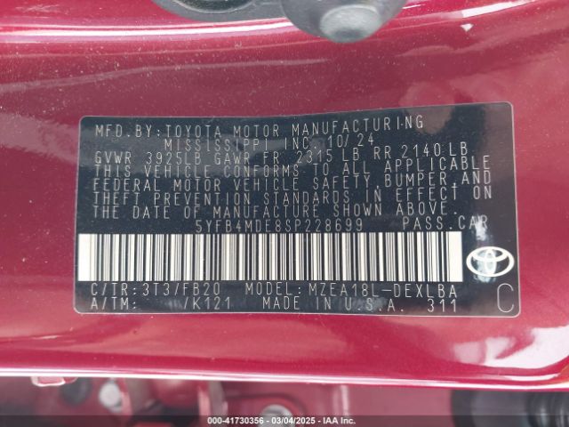 5YFB4MDE8SP228699 Toyota COROLLA LE