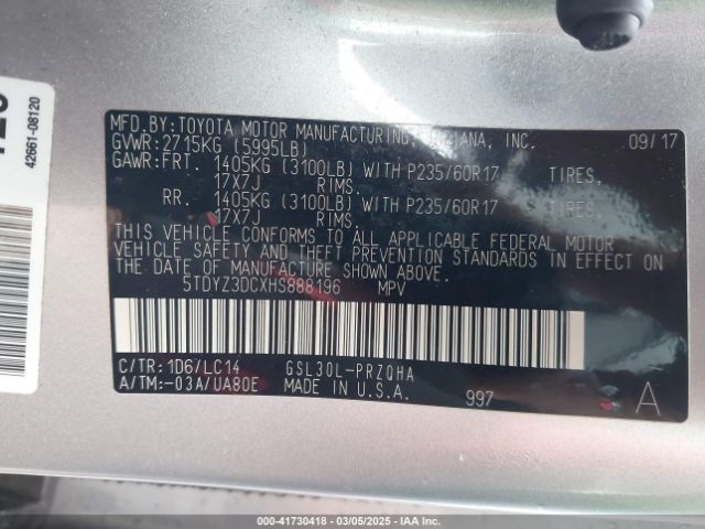 5TDYZ3DCXHS888196 Toyota Sienna Xle 8 Passenger