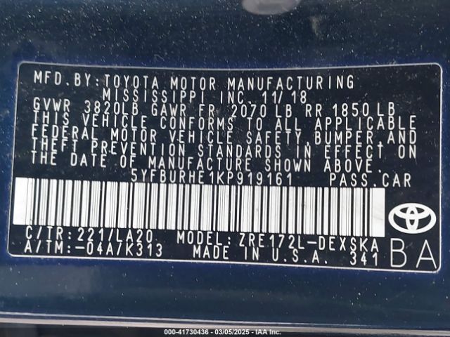 5YFBURHE1KP919161 Toyota 2zr-fe
