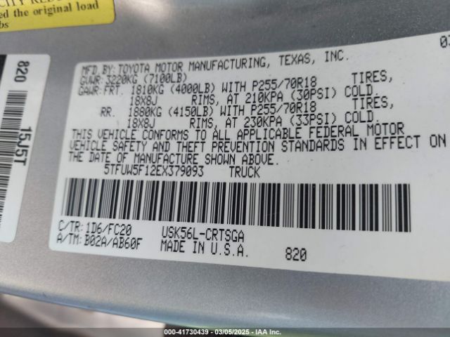5TFUW5F12EX379093 Toyota Tundra Sr5 5.7l V8