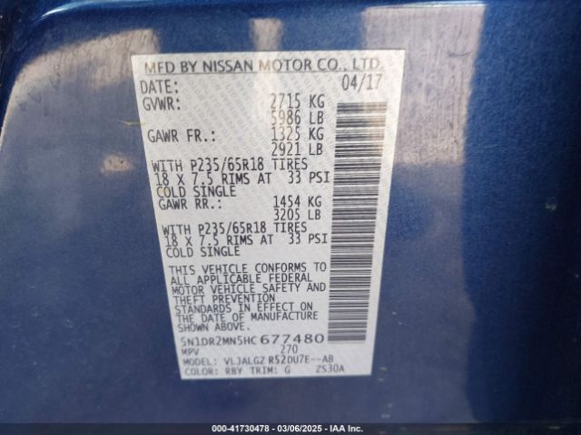 5N1DR2MN5HC677480 Nissan Pathfinder Sl