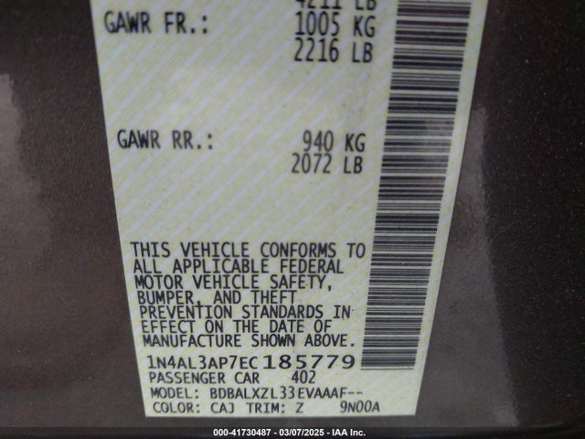 Nissan Altima 2.5 Sl 2014 1N4AL3AP7EC185779 Image 9