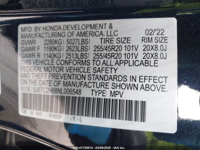 5J8TC2H88NL006548 Acura Rdx A-spec Advance Package/pmc Edition