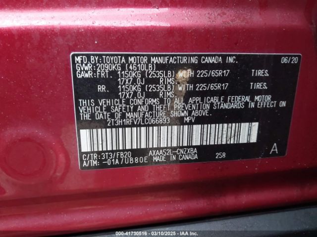 2T3H1RFV7LC066893 Toyota RAV4 LE
