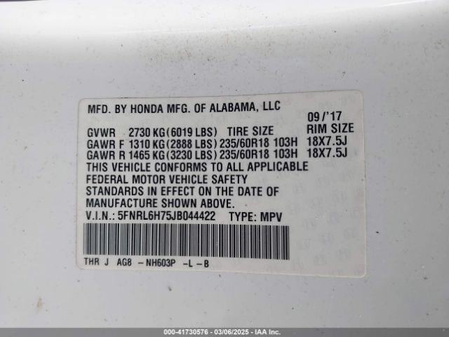 5FNRL6H75JB044422 Honda Odyssey Ex-l