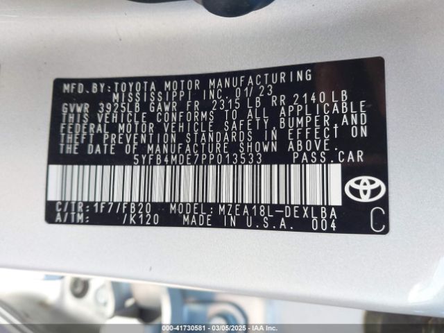 5YFB4MDE7PP013533 Toyota COROLLA LE