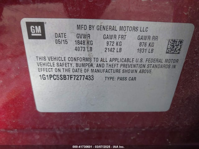 1G1PC5SB7F7277433 Chevrolet Cruze 1lt Auto