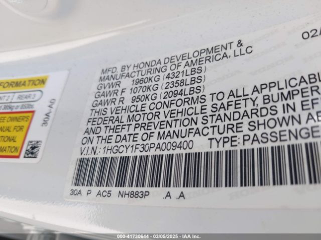 1HGCY1F30PA009400 Honda ACCORD EX