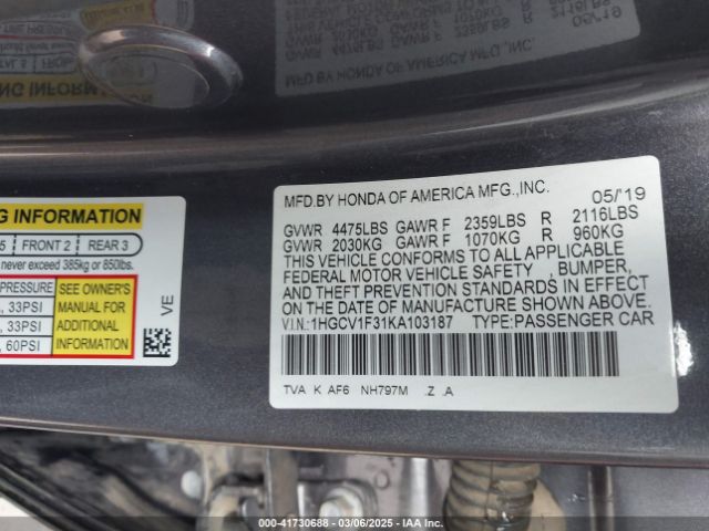1HGCV1F31KA103187 Honda Accord Sport