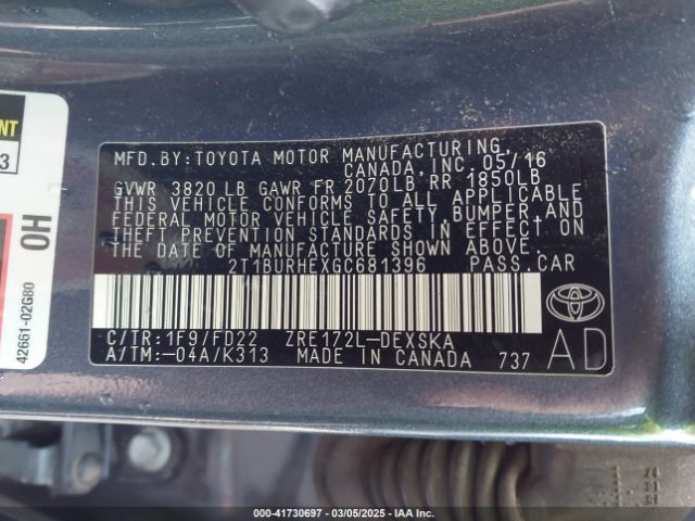 2T1BURHEXGC681396 Toyota Corolla S Plus