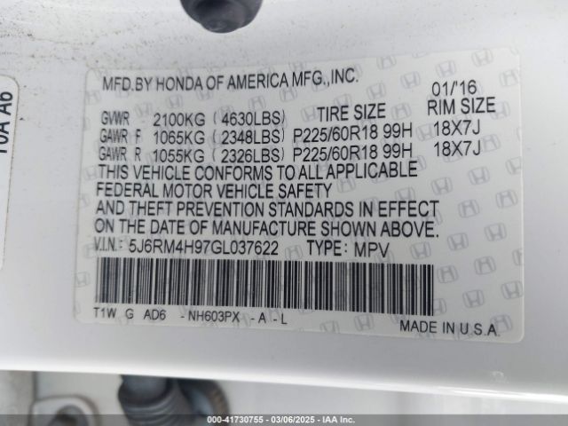 5J6RM4H97GL037622 Honda Cr-v Touring
