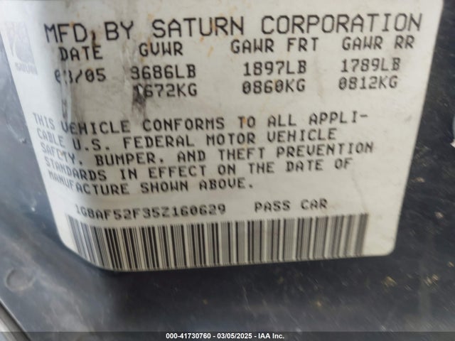 2005 Saturn Ion 1 მანქანა იყიდება აუქციონზე, vin: 1G8AF52F35Z160629, აუქციონის ნომერი: 41730760
