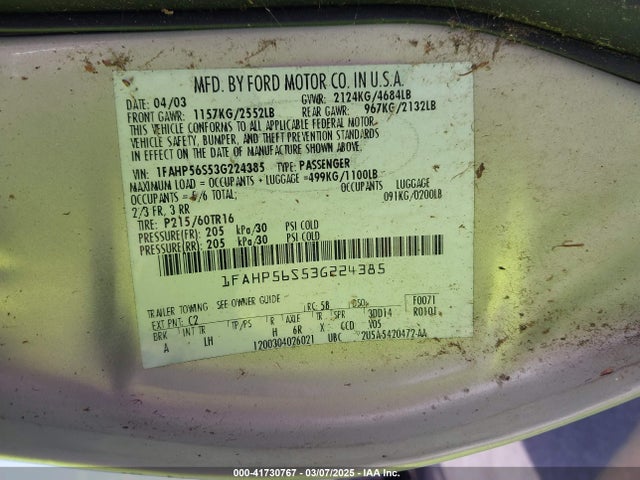 Aukcja sprzedaży 2003 Ford Taurus Sel, vin: 1FAHP56S53G224385, numer aukcji: 41730767