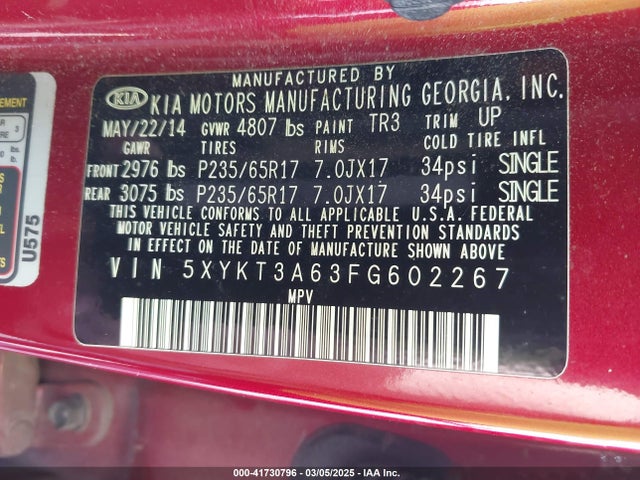 KIA SORENTO LX 2015 5XYKT3A63FG602267 Image 9