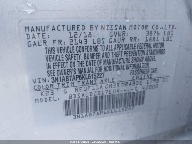 Nissan SENTRA SV 2019 3N1AB7AP6KL615227 Image 9