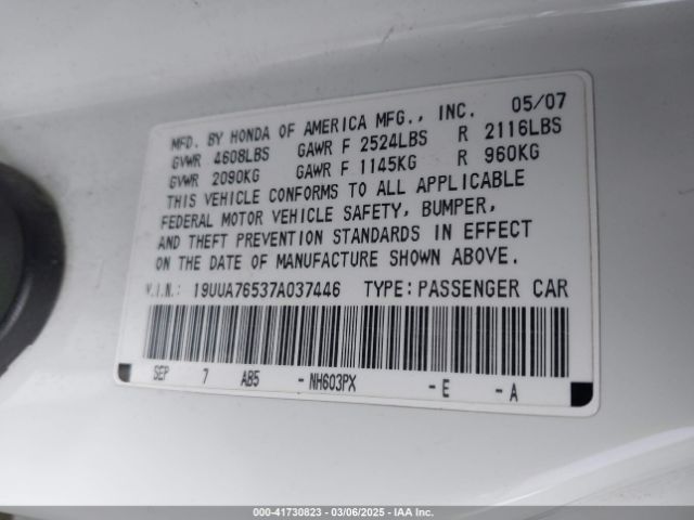 2007 ACURA TL 19UUA76537A037446 Photo 8