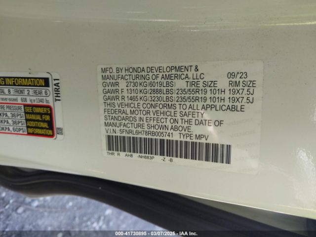 5FNRL6H78RB005741 Honda Odyssey Sport
