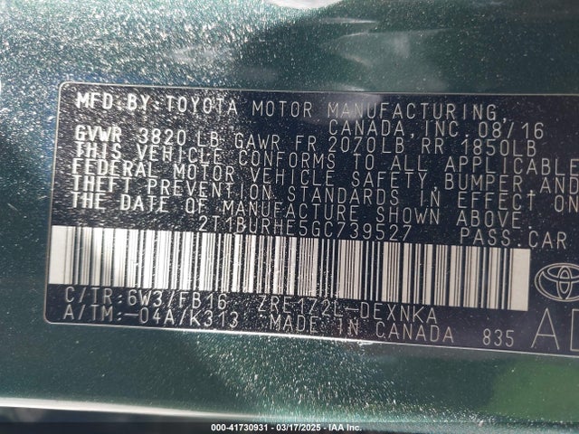 2T1BURHE5GC739527 Toyota COROLLA LE