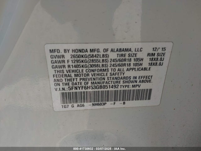 5FNYF6H53GB051492 Honda Pilot Ex-l