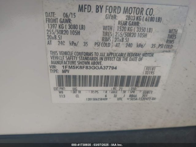 1FM5K8F83GGA37794 Ford Explorer Limited