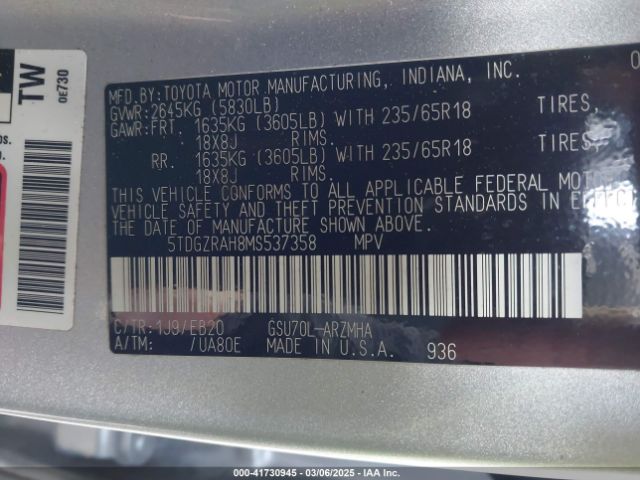 5TDGZRAH8MS537358 Toyota Highlander Xle