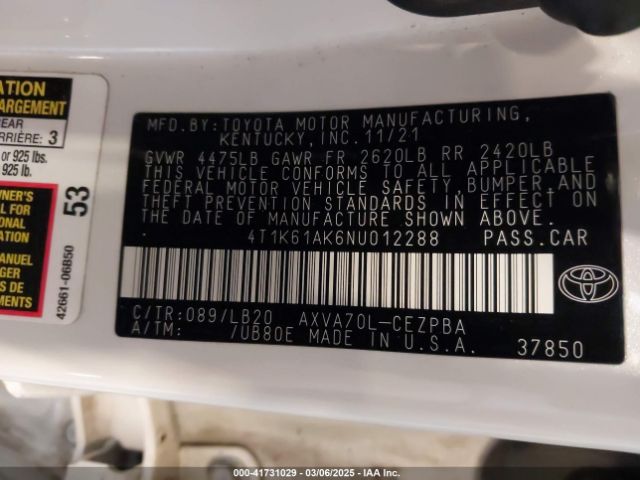4T1K61AK6NU012288 Toyota CAMRY XSE