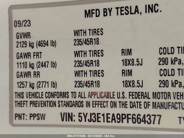 5YJ3E1EA9PF664377 Tesla Model 3 Rear-wheel Drive