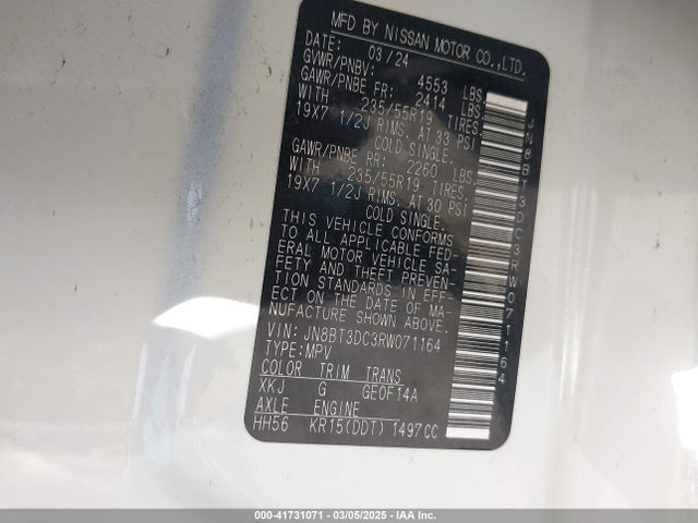 JN8BT3DC3RW071164 Nissan Rogue Platinum Fwd