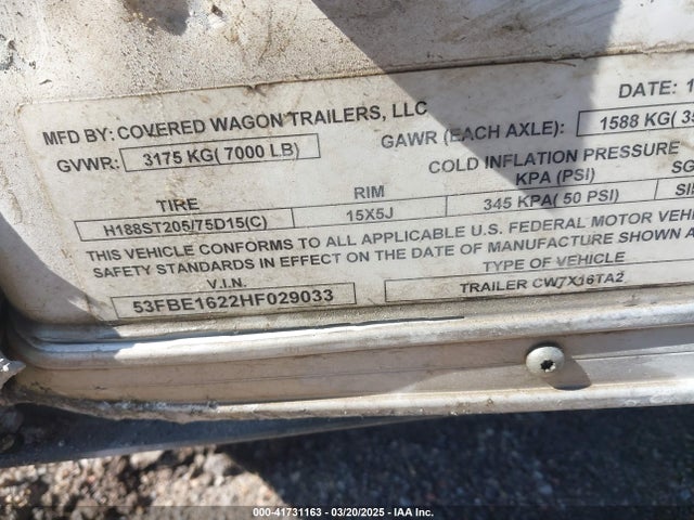 Covered Wagon Trailer 2017 53FBE1622HF029033 Image 9