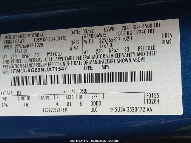 1FMCU9G69NUA71547 Ford ESCAPE SE