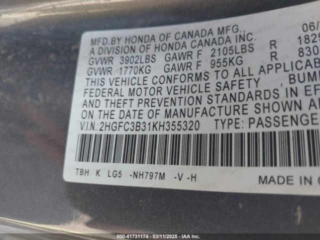 2019 HONDA CIVIC 2HGFC3B31KH355320 Photo 8