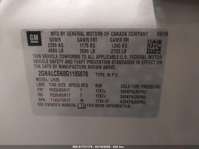 2GNALCEK8G1185878 Chevrolet EQUINOX LT