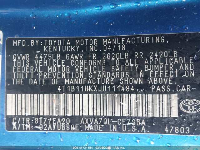 4T1B11HKXJU111484 Toyota CAMRY SE