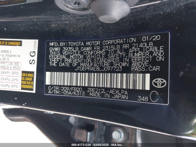 JTDEPRAE8LJ097723 Toyota COROLLA LE