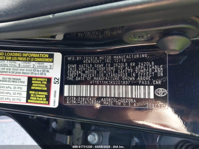 4T1B11HK1KU201897 Toyota CAMRY SE