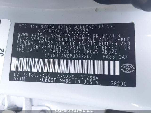 4T1G11AK0PU092307 Toyota CAMRY SE