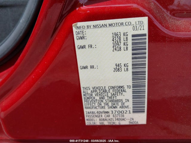 1N4BL4DV9MN370021 Nissan Altima Sv Fwd