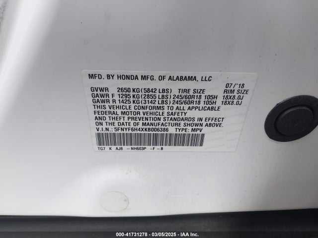 5FNYF6H4XKB006386 Honda Pilot Ex-l