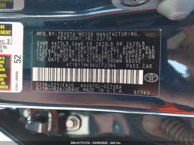 4T1B11HKXKU772384 Toyota CAMRY SE