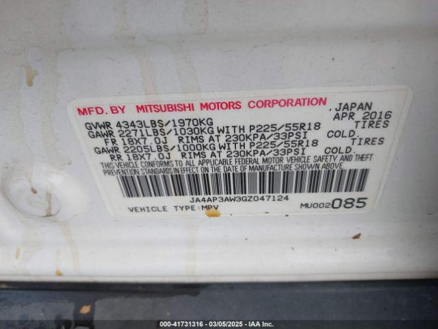 JA4AP3AW3GZ047124 Mitsubishi Outlander Sport 2.4 Es