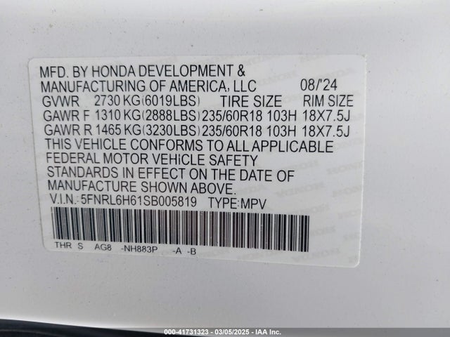 5FNRL6H61SB005819 Honda Odyssey Ex-l